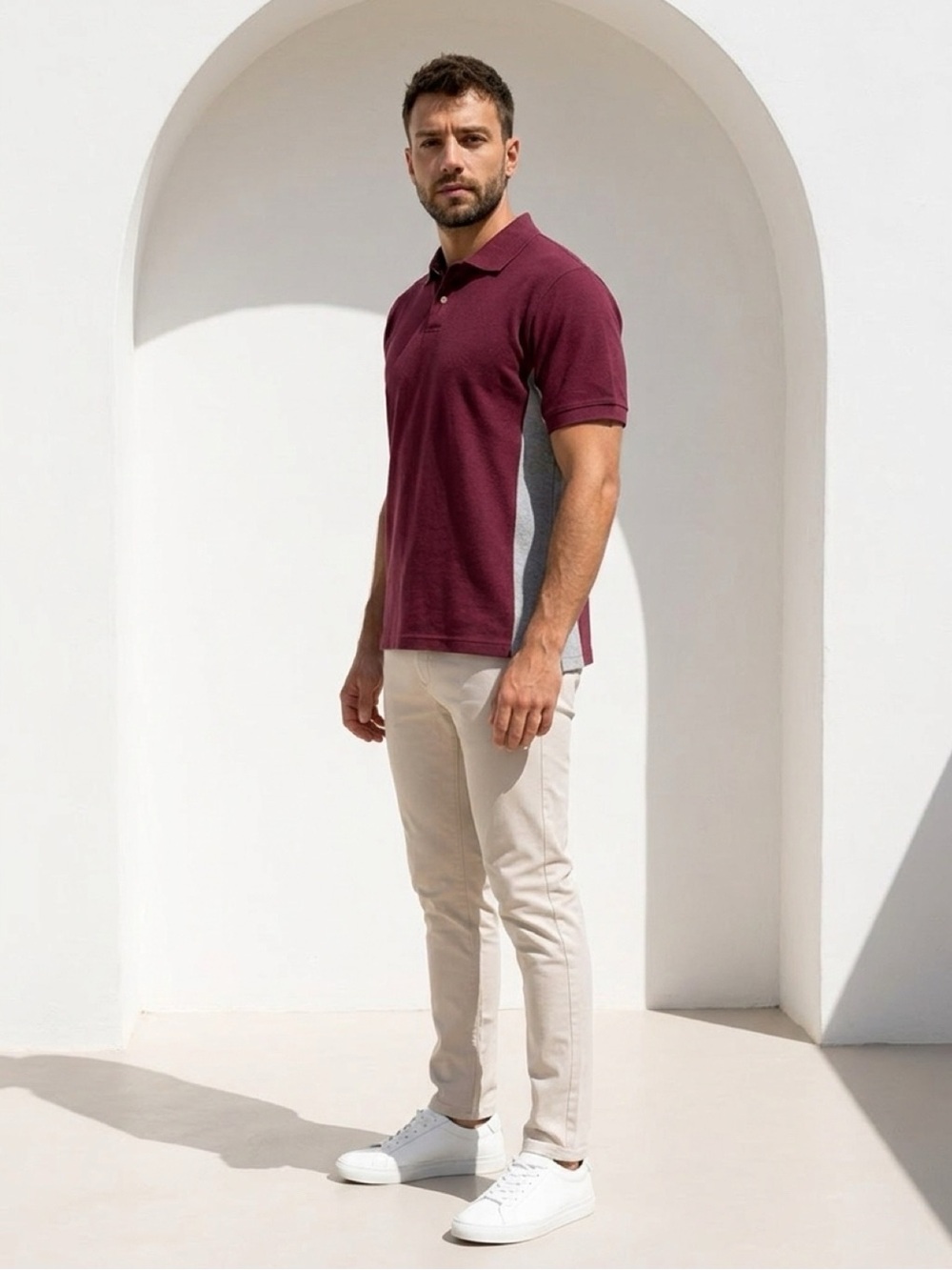 Old Navy Vintage 1990s Cotton Two-Tone Polo in Burgundy and Light Gray Size M